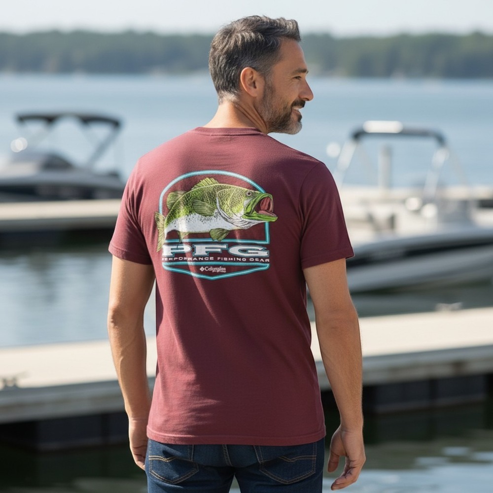Columbia PFG Mens Small Maroon Bass Graphic Performance Fishing Gear‎ T-Shirt